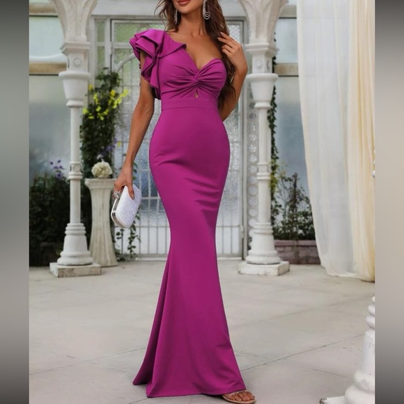 Luxe one shoulder twist front mermaid hem  party formal evening gown - Picture 5 of 6